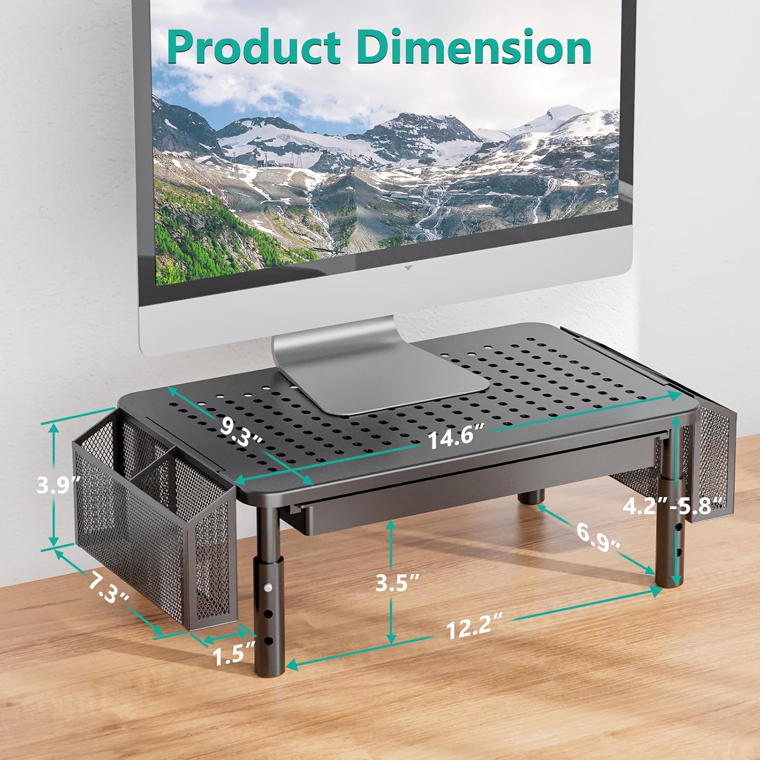 WALI Dual Monitor Stand with Storage, Desk Organizer with Drawer and Pen Holder, Desk Monitor Riser 3 Height Adjustable, Laptop Riser for Computer, Laptop, Printer (STT003DH-2B), 2 Pack, Black