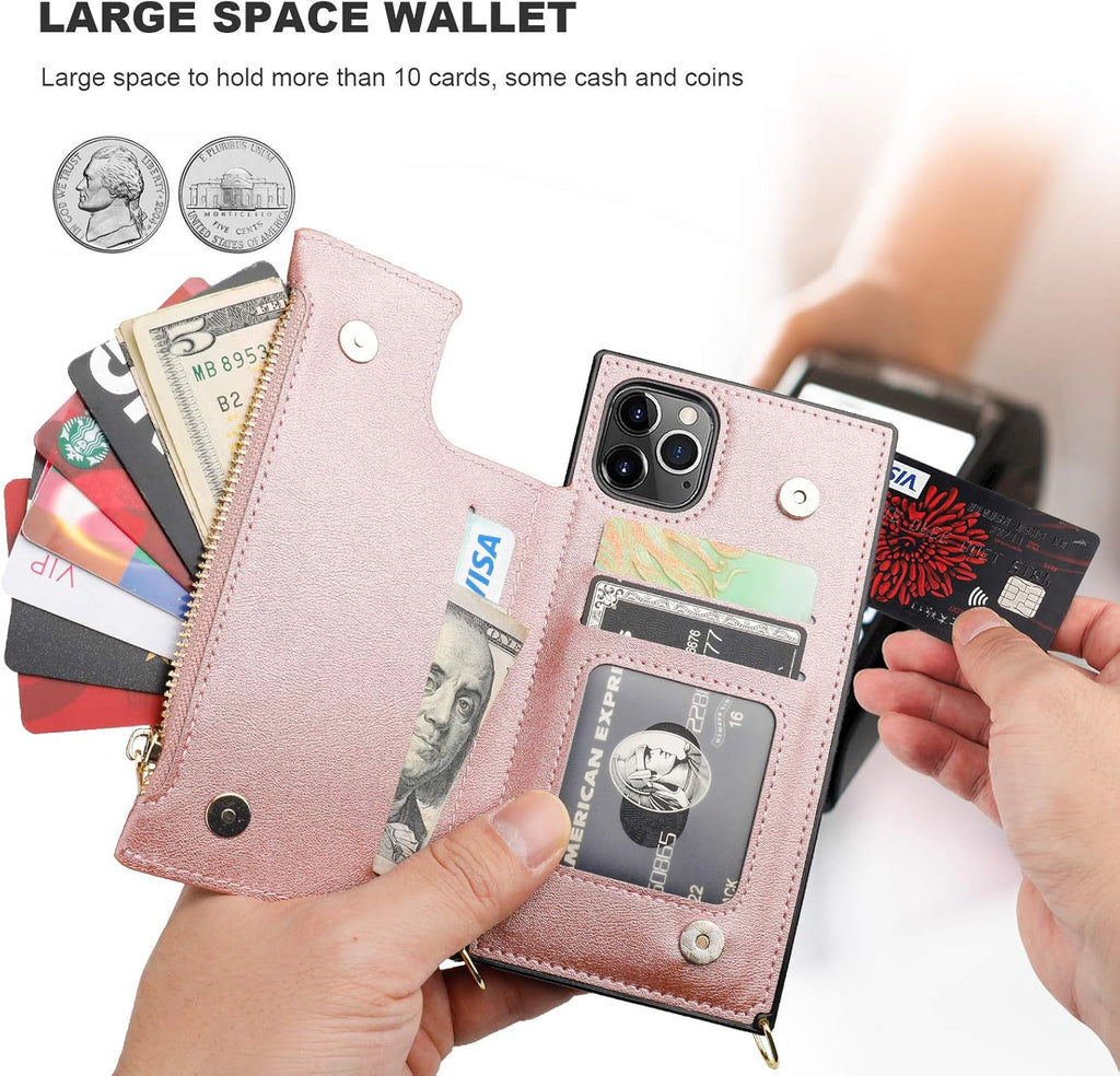 Bocasal Crossbody Wallet Case for iPhone 11 Pro with Card Holder,Zipper Card Slot Protector Shockproof Purse Cover with Removable Cross Body Strap 5.8 Inch(Rose Gold)