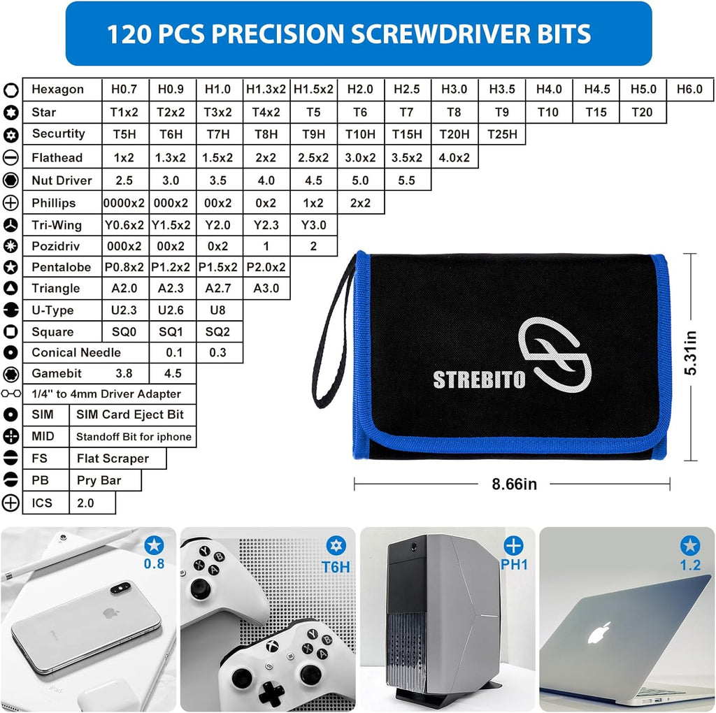 STREBITO Electronics Precision Screwdriver Sets 142-Piece with 120 Bits Magnetic Repair Tool Kit for iPhone, MacBook, Computer, Laptop, PC, Tablet, PS4, Xbox, Nintendo, Game Console