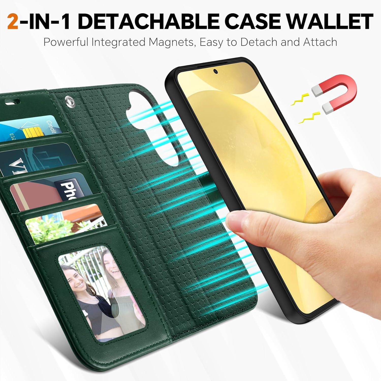 TUCCH Wallet Case for Galaxy S25, [Removable] 2 in 1 [Wireless Charging] Wrist Strap RFID Blocking [4 Card Holders] PU Leather Cover, Magnetic Detachable Stand Folio Case for Galaxy S25, Evergreen