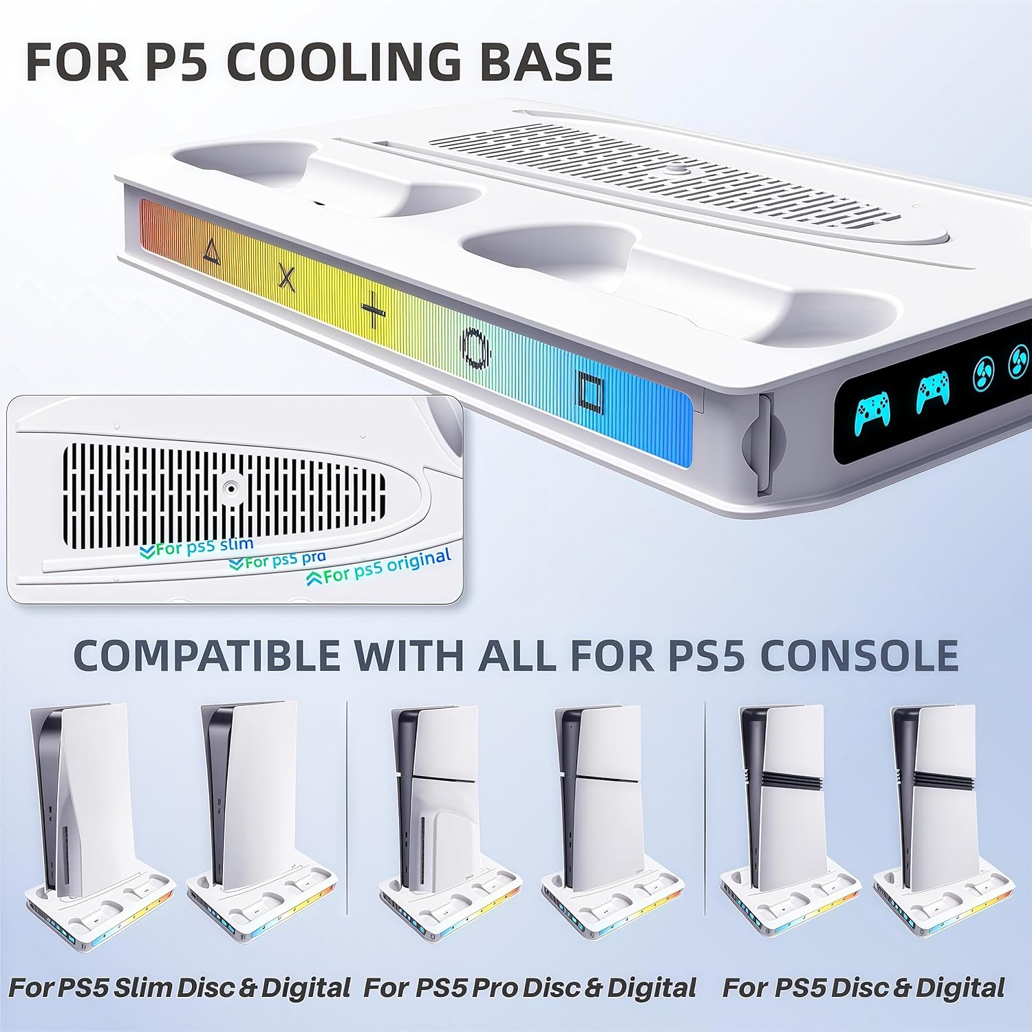 ZYTHRONE PS5/Pro/Slim Stand for Disc & Digital Console, PS5 Cooling Station with Dual Controller Charger for Playsation 5, RGB Light, Cooling Fan, Headset Holder,DIY