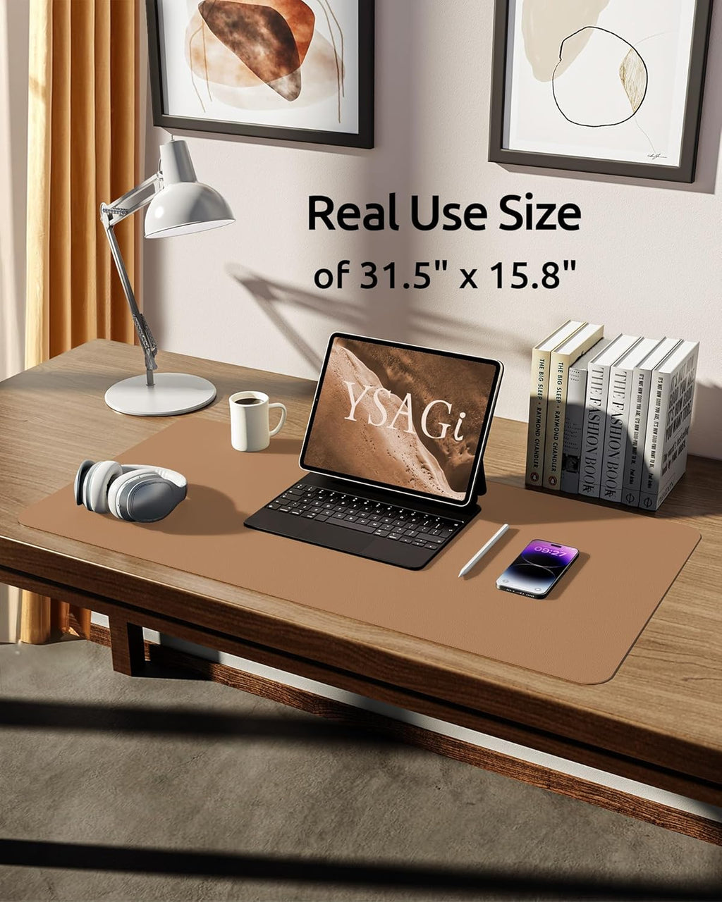 YSAGi Leather Desk Protector, Office Mat, Large Mouse Mat, Non-Slip PU Leather Blotter, Laptop Desk Mat, Waterproof Writing Pad for Office and Home (Khaki, 31.5" x 15.8")