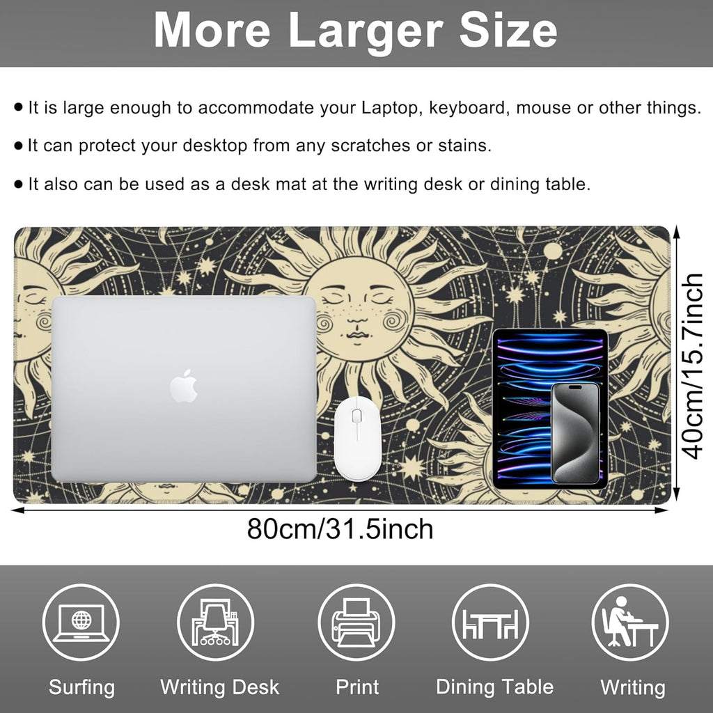 Mouse Pad, Large Golden Sun with a Face and Orbits Desk Mat, Extended Non-Slip Gaming Keyboard Mousepad Desk Pad, Thick Stitched Edges Waterproof Mouse Mat 31.5"x15.7" (Boho Pattern)