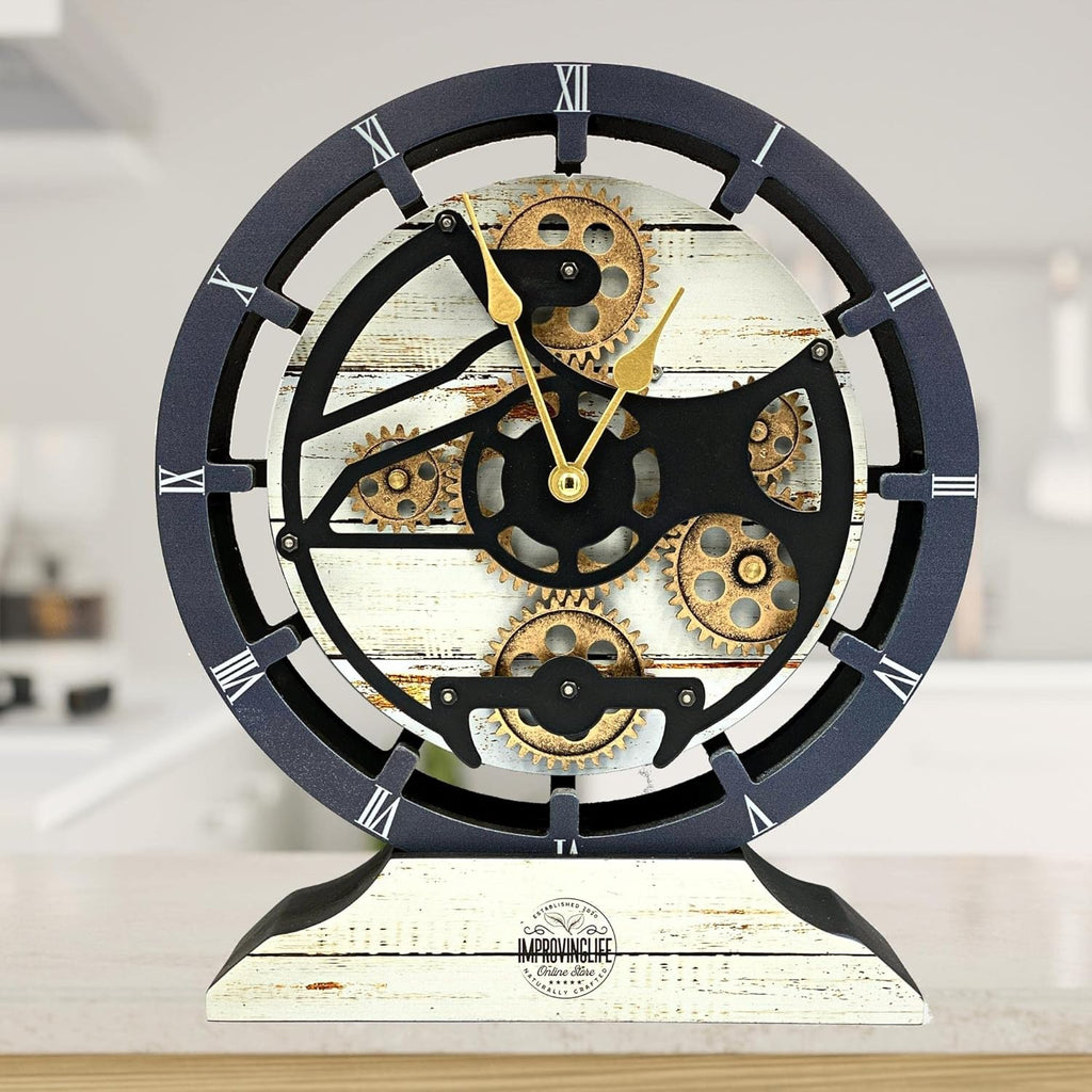 ImprovingLife The Gears Clock Desk Clock 10 inches with Real Moving Gears Convertible into Wall Clock (Desert Beige)