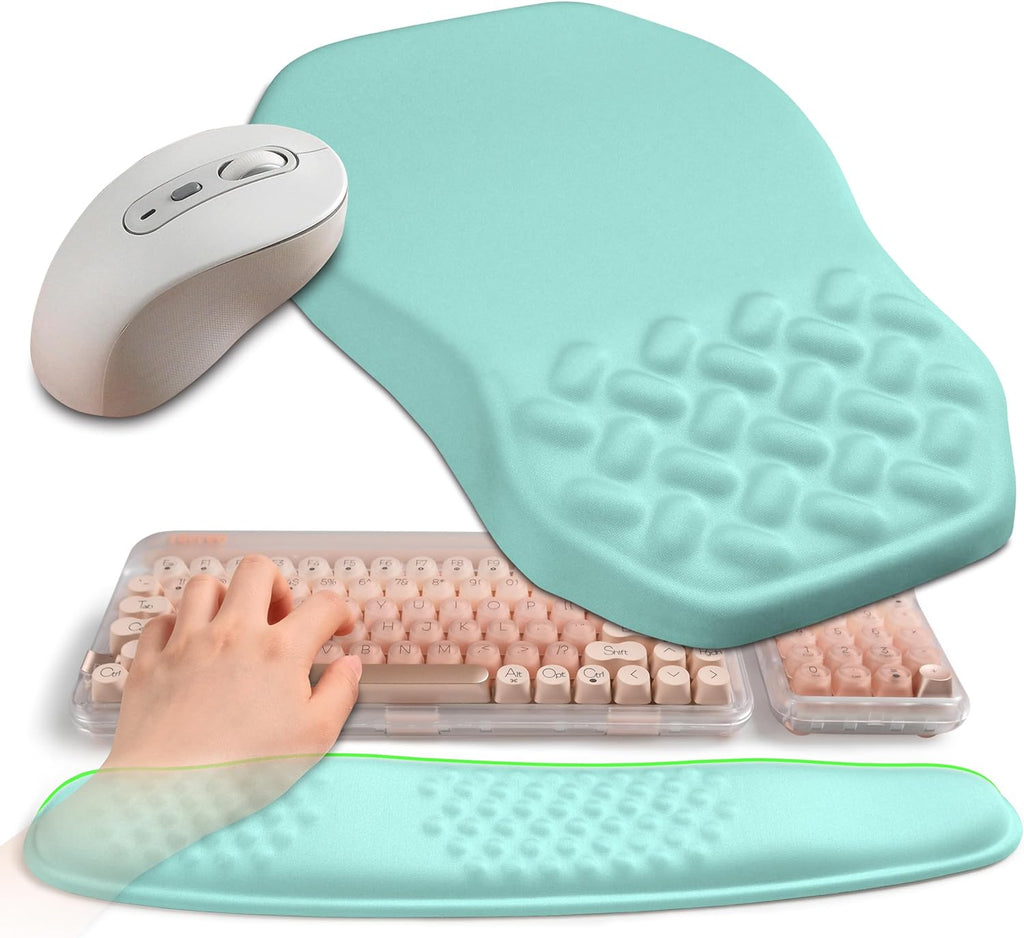 2-in-1 Ergonomic Set, Wave Keyboard Wrist Rest and Massage Slope Mouse Pad Wrist Support, Rebound Memory Foam for Relieve Carpal Tunnel Syndrome and Wrist Pain (Light Blue)