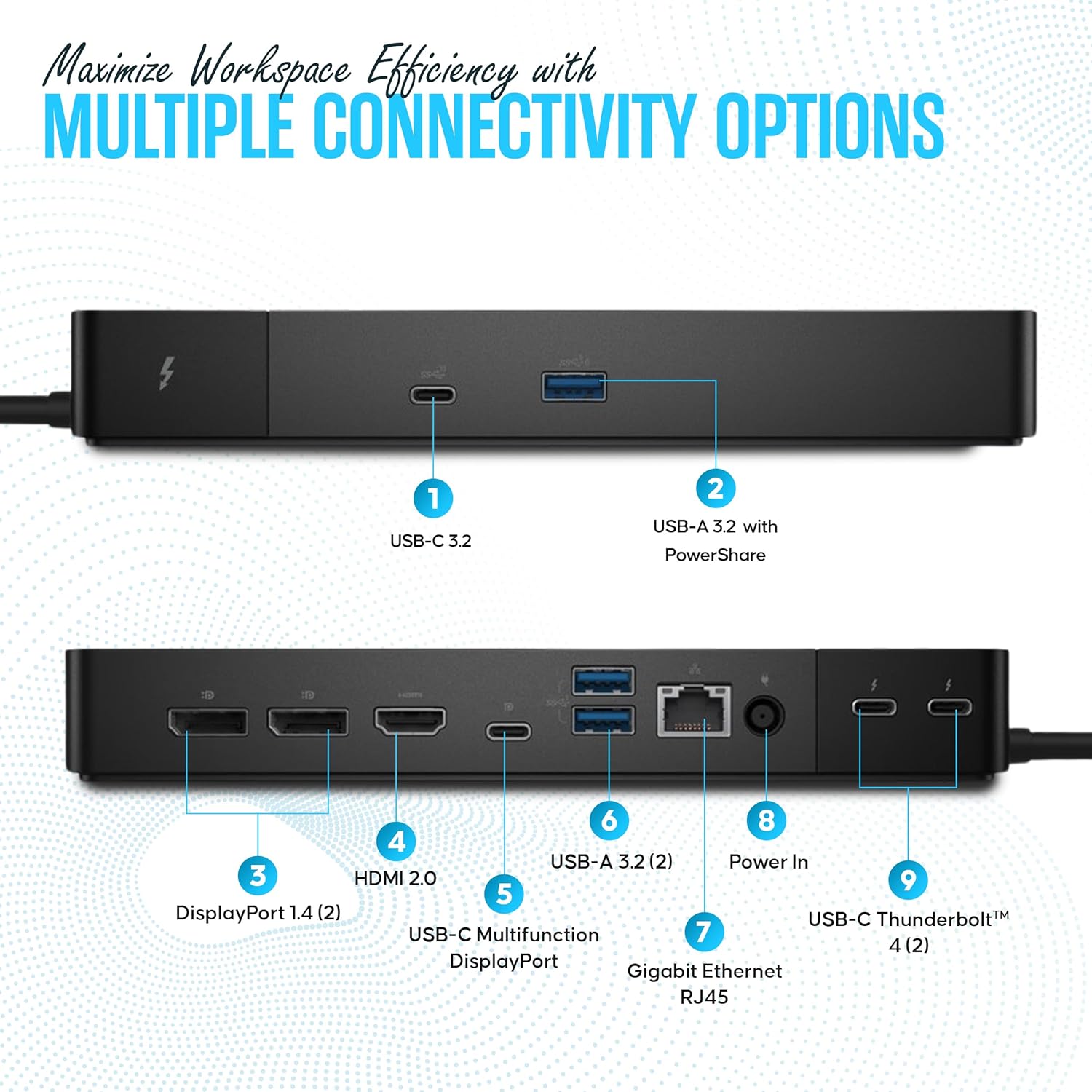 WD22TB4 Dell Thunderbolt 4 Dock 40Gbps USB-C/USB-A 1 Year Warranty - Docking Station with 180W, HDMI, DisplayPort Cables & Cleaning Cloth – Supports Dual/Triple Monitors & 4K Displays