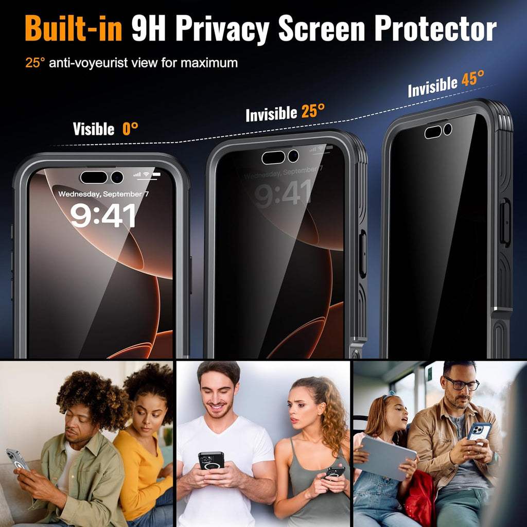 Magnetic & Stand for iPhone 16 Pro Max Case Built-in Privacy Screen Protector[360° Full Body Protection][Fit for Magsafe][Lens Protector] Heavy Duty Shockproof Case for iPhone 16 Pro Max Black