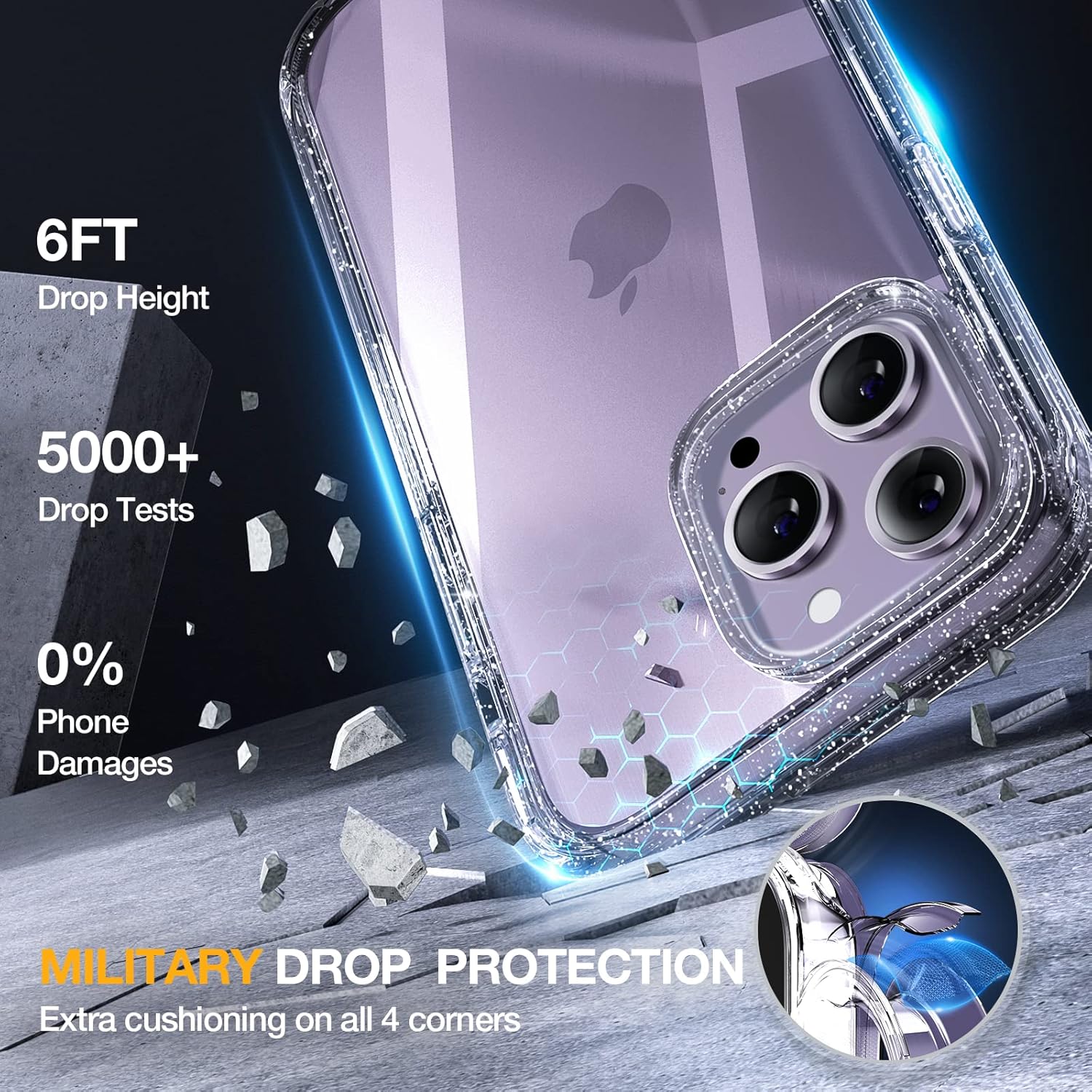 Miracase Glass Series Designed for iPhone 14 Pro Max Case 6.7 Inch, Upgrade Full-Body Bumper Case with Built-in 9H Tempered Glass Screen Protector, with Camera Lens Protector, Glitter Clear