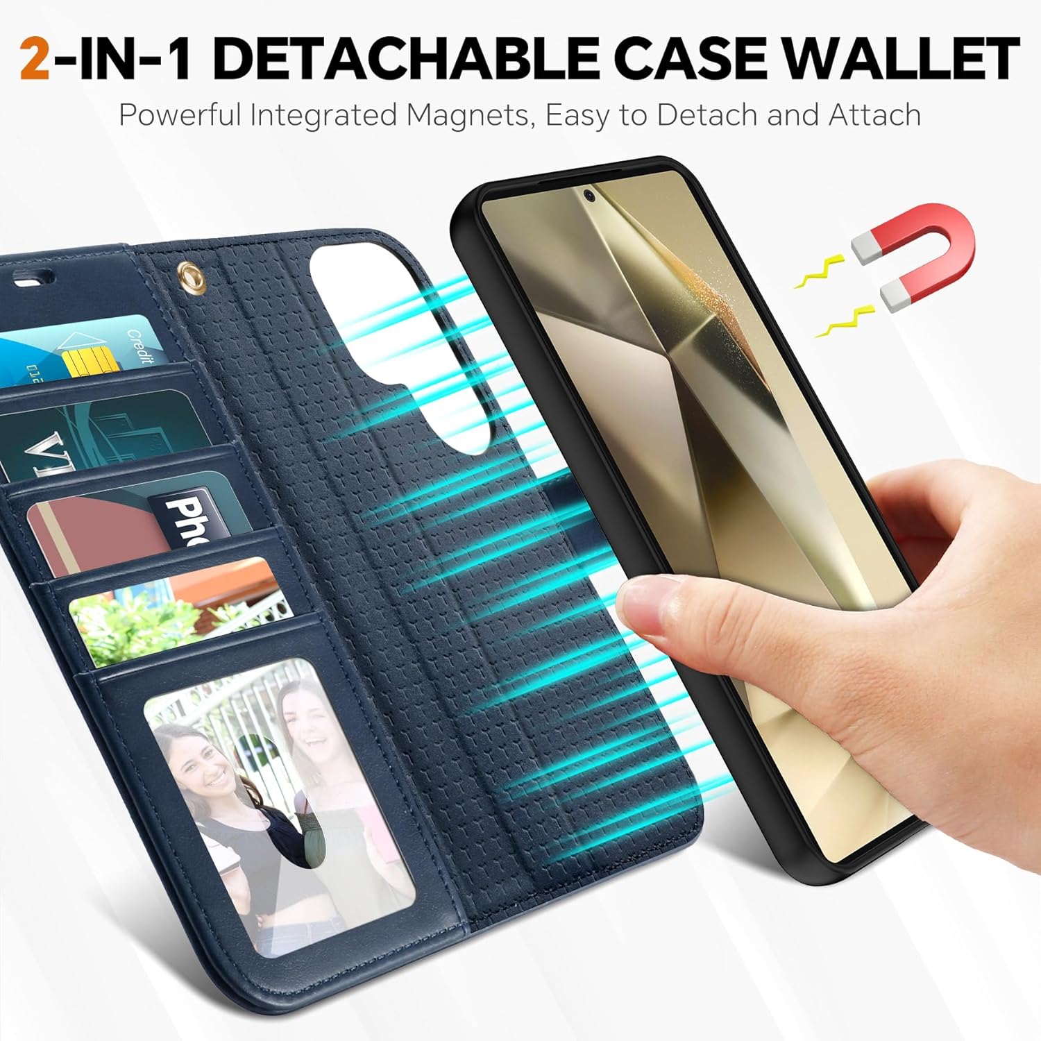 TUCCH Case for Galaxy S25 Ultra, [Detachable] 2 in1 Magnetic PU Leather Wallet with Wrist Strap RFID Blocking [Wireless Charging] 4 Card Slot Kickstand Removable Cover for Galaxy S25 Ultra, Dark Blue