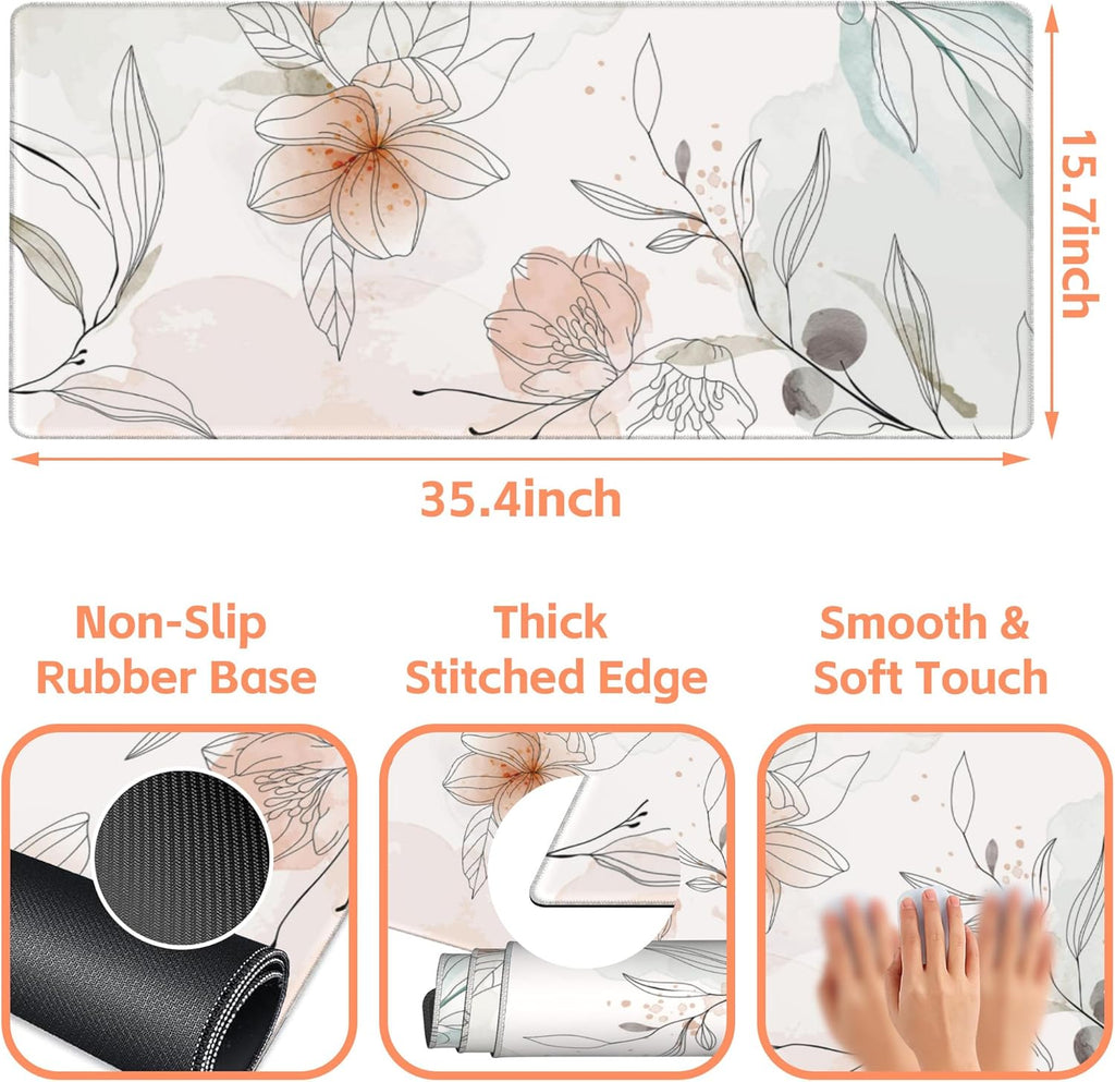 Mouse Pad Large Flowers Watercolor Texture Non-Slip Gaming Desk Mat with Stitched Edge Laptop Keyboard Desk Pad for Work Home Gaming (35.4 x 15.7 Inches)