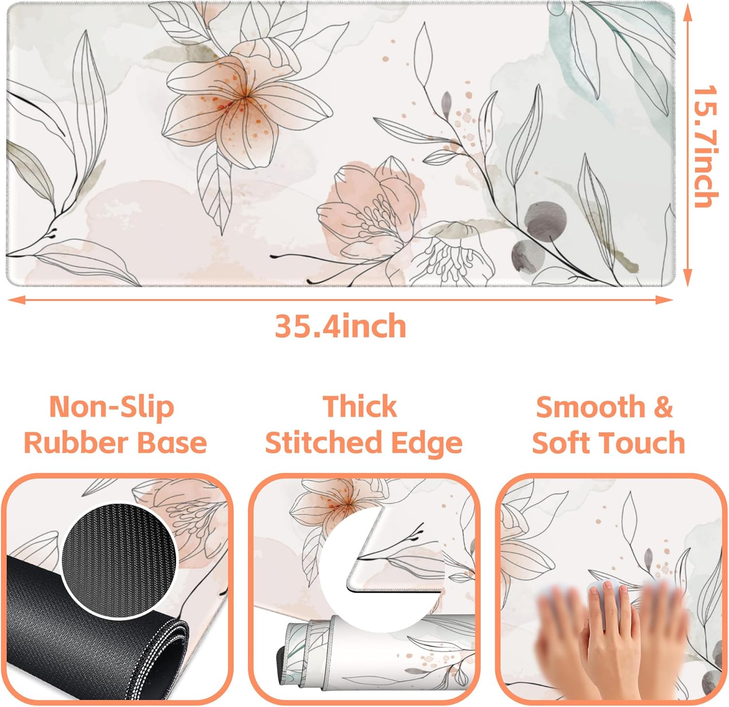 Mouse Pad Large Flowers Watercolor Texture Non-Slip Gaming Desk Mat with Stitched Edge Laptop Keyboard Desk Pad for Work Home Gaming (35.4 x 15.7 Inches)