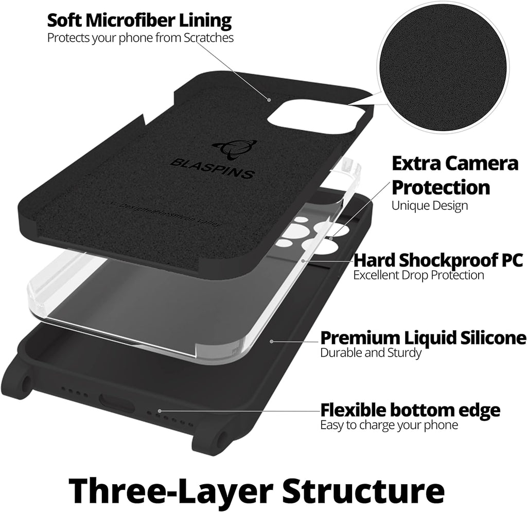 Blaspins Crossbody Lanyard Strap Case for iPhone 13 Pro, Neck Cross Body, Adjustable Holder Removable, Drop Protection Shockproof, Hands-Free Silicone Case 6.1 inch, 150 cm Strap, iP13Pro - Black