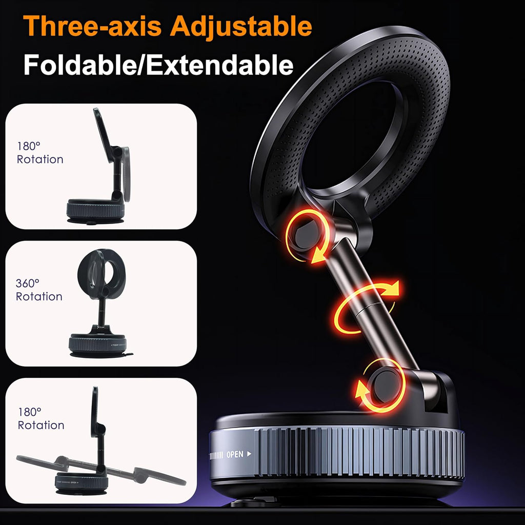 Vacuum Magnetic Car Phone Holder Foldable Mount with Ultra Suction Cup for Magnetic Phone Cases Cell Phone Holders for Car/Gym/Mirror Use Compatible with iPhone & Android