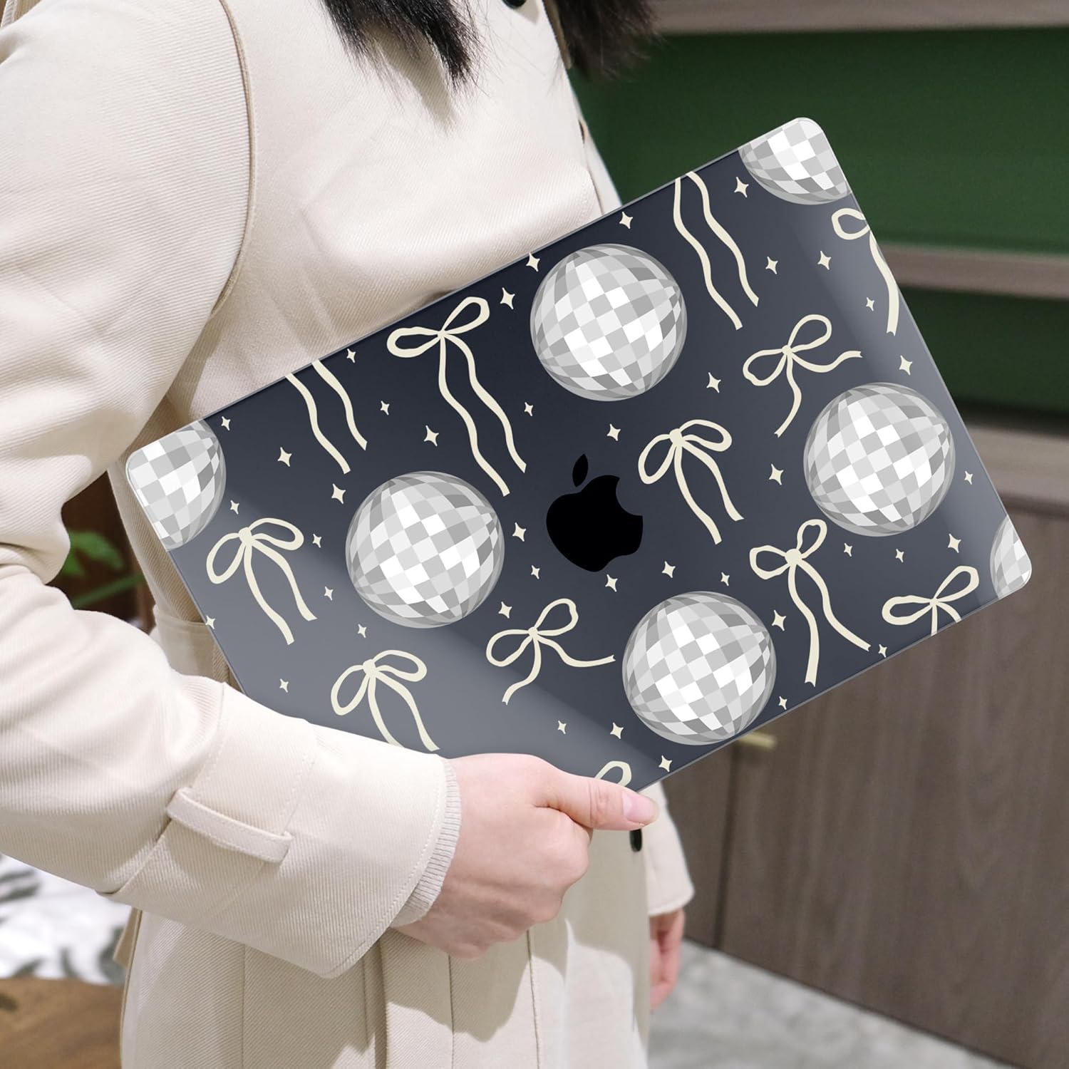 MEEgoodo for MacBook Air 13 inch Case 2021 2020 2019 2018 Released A2337 M1 A2179 A1932 with Touch ID, Plastic Hard Shell & Keyboard Cover Compatible with MacBook Air Case 13.3,Silver Disco Balls&Bows
