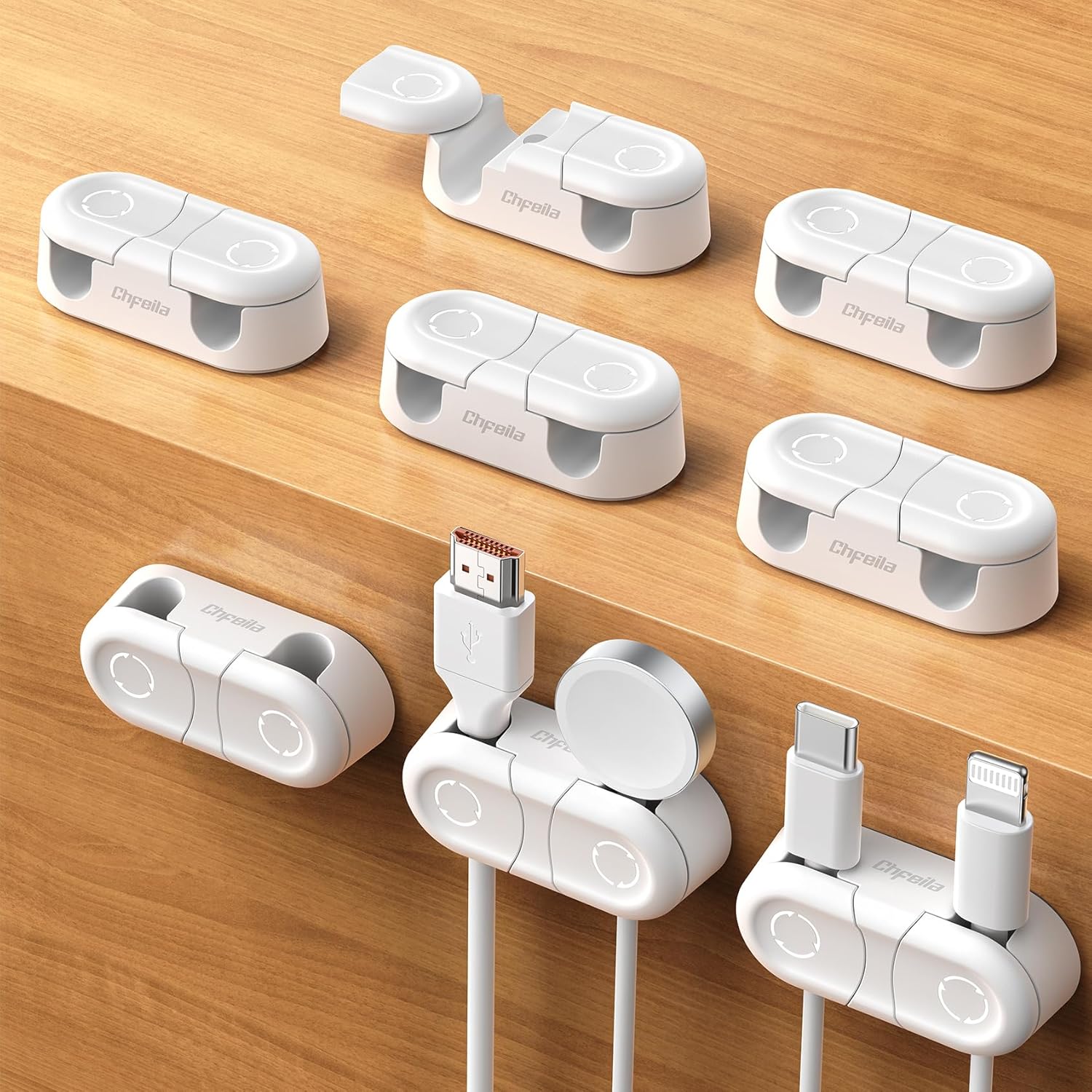 Magnetic Cable Clips - Chfeila 8Pack [Dual Slot] [360°Rotating & Twist-Lock] Cord Management, Adhesive Phone Charging Keeper, Wire Organizer Holder for Nightstand, Home Office Desk Accessories Decor