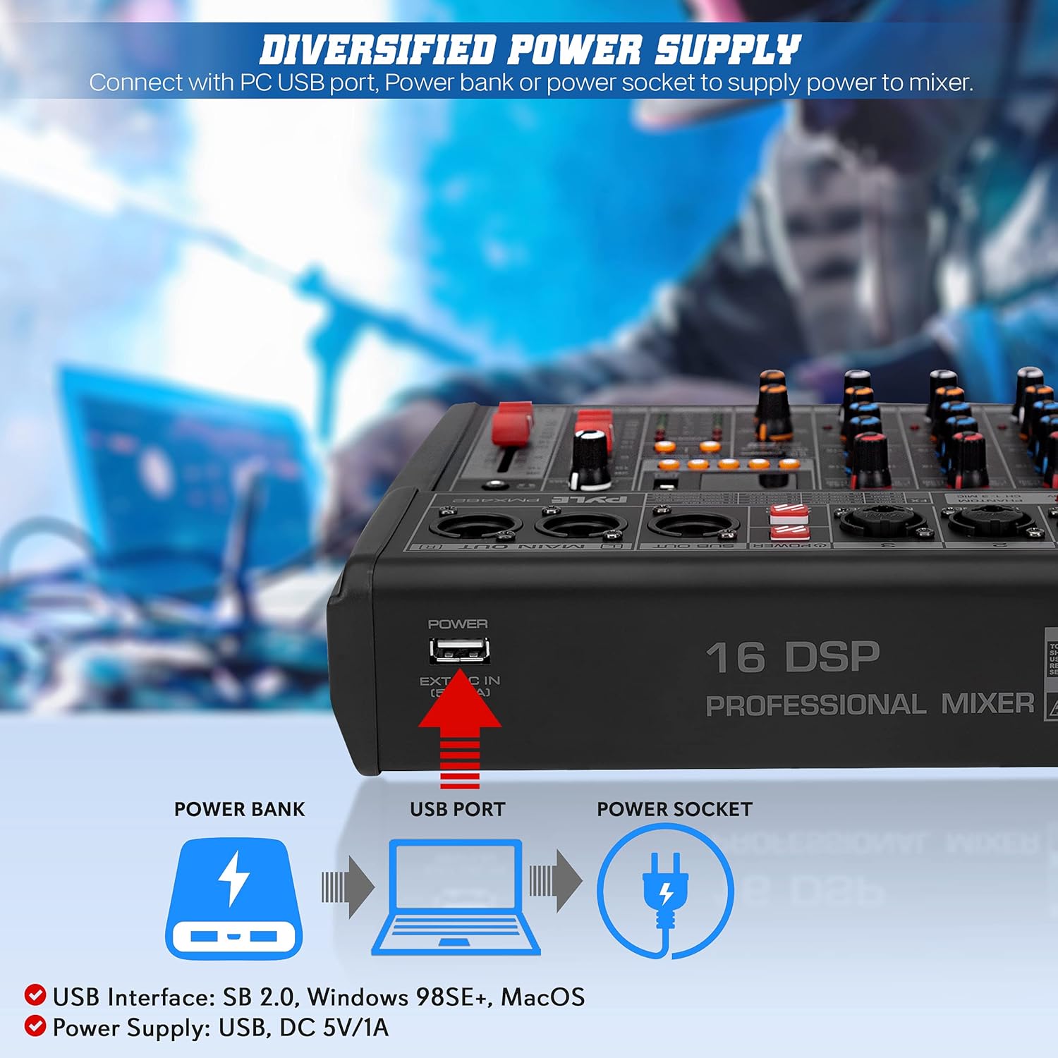 Pyle Professional DJ Audio Mixer - 3-Channel Controller with 16 Preset DSP Effects - USB Interface - 3 Mic/Line Inputs - +48V Phantom Power - Built-in FX Processor - MP3 Player/Headphone Jack - PMX462