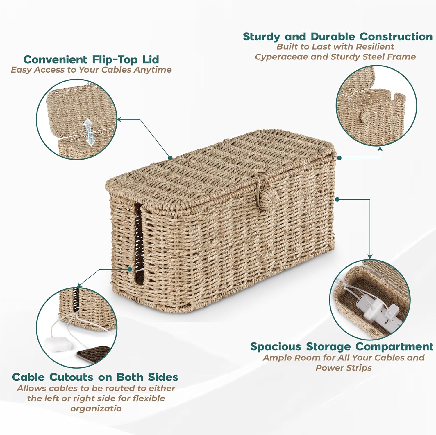 BLUEWEST Large Cable Management Box, Natural Rattan Cable Cord Organizer Boxes for Power Strip – 2 Open Slots Cords Hider Box for TV Wires, Computer, Router, USB Hub and Under Desk Power Strip