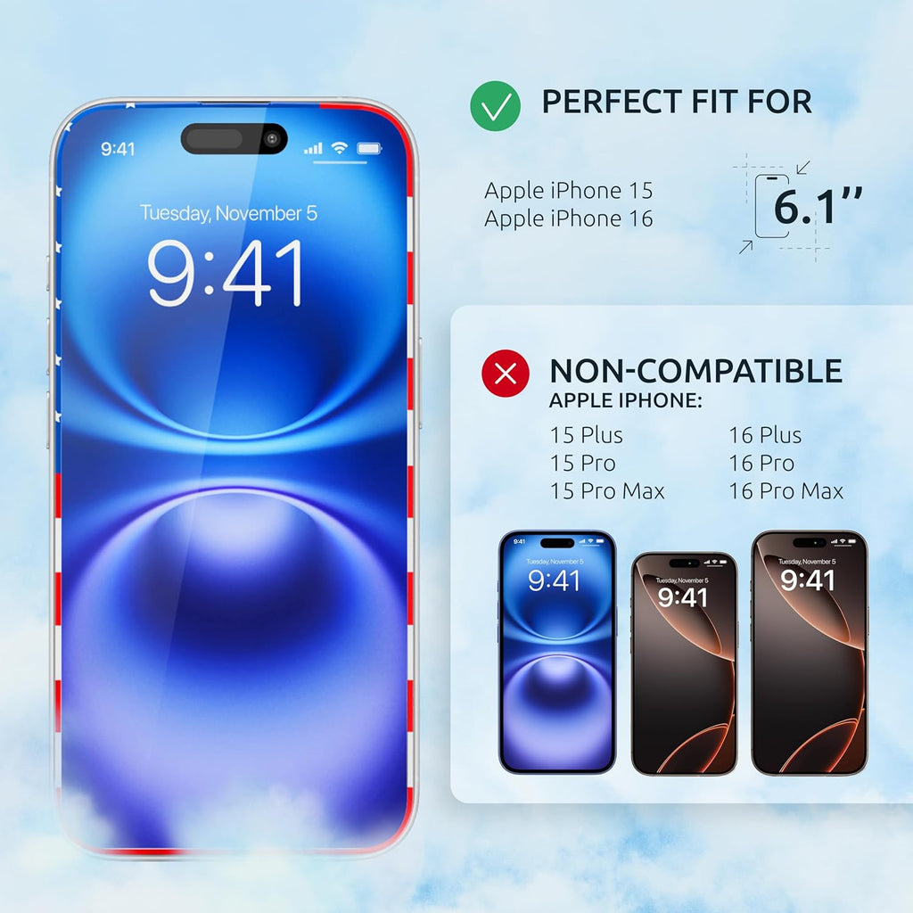 Screen Protector for IPhone 15/16- Tempered Glass Screen Protector for IPhone 16/15 with Frame US FLag Color and Black - Full Screen Coverage 9H - Easy Installation (2 Pack)