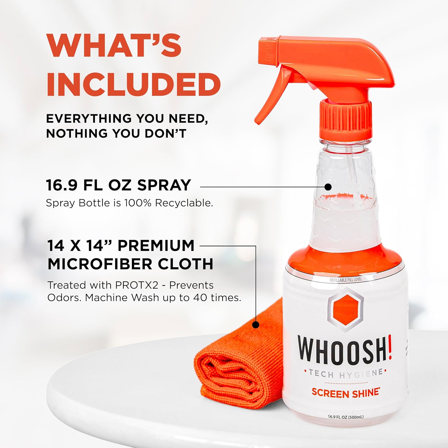 WHOOSH! Screen Shine Pro 16.9 fl oz Refillable TV Screen Cleaner with Microfiber Cloth - Streak-Free Cleaner for Flat Screen, OLED TV, LCD, Smart TV, and Monitors - Non-Toxic and Odorless Formula