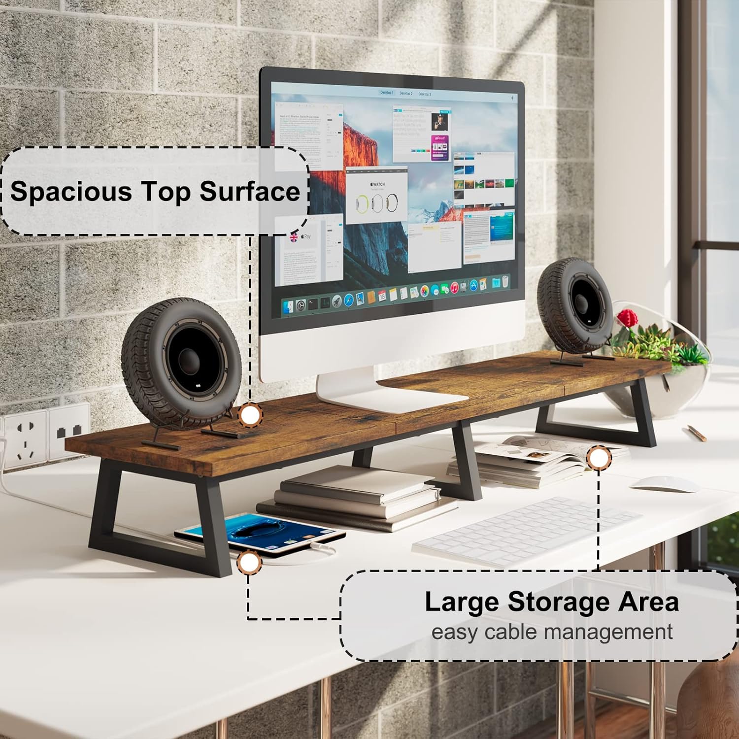 TEAMIX 42 inch Large [Dual] [Monitor] [Riser],Rustic Brown Extra Long TV [Stand Wood & Steel Desktop [Riser] with Storage for [Dual] Screen Office Desk Organization