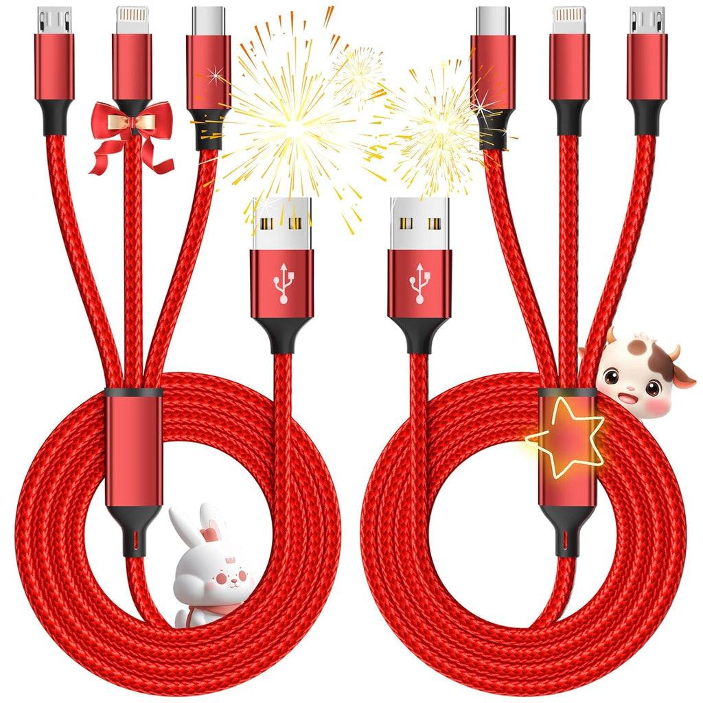 Multi Charging Cable, (2 Pack 4FT) Multi USB Charger Cable 3 in 1 Charging Nylon Braided Fast Charging Cord with Type-C, Micro USB, IP Port for Most Phones/iPhones/Tablets, Red
