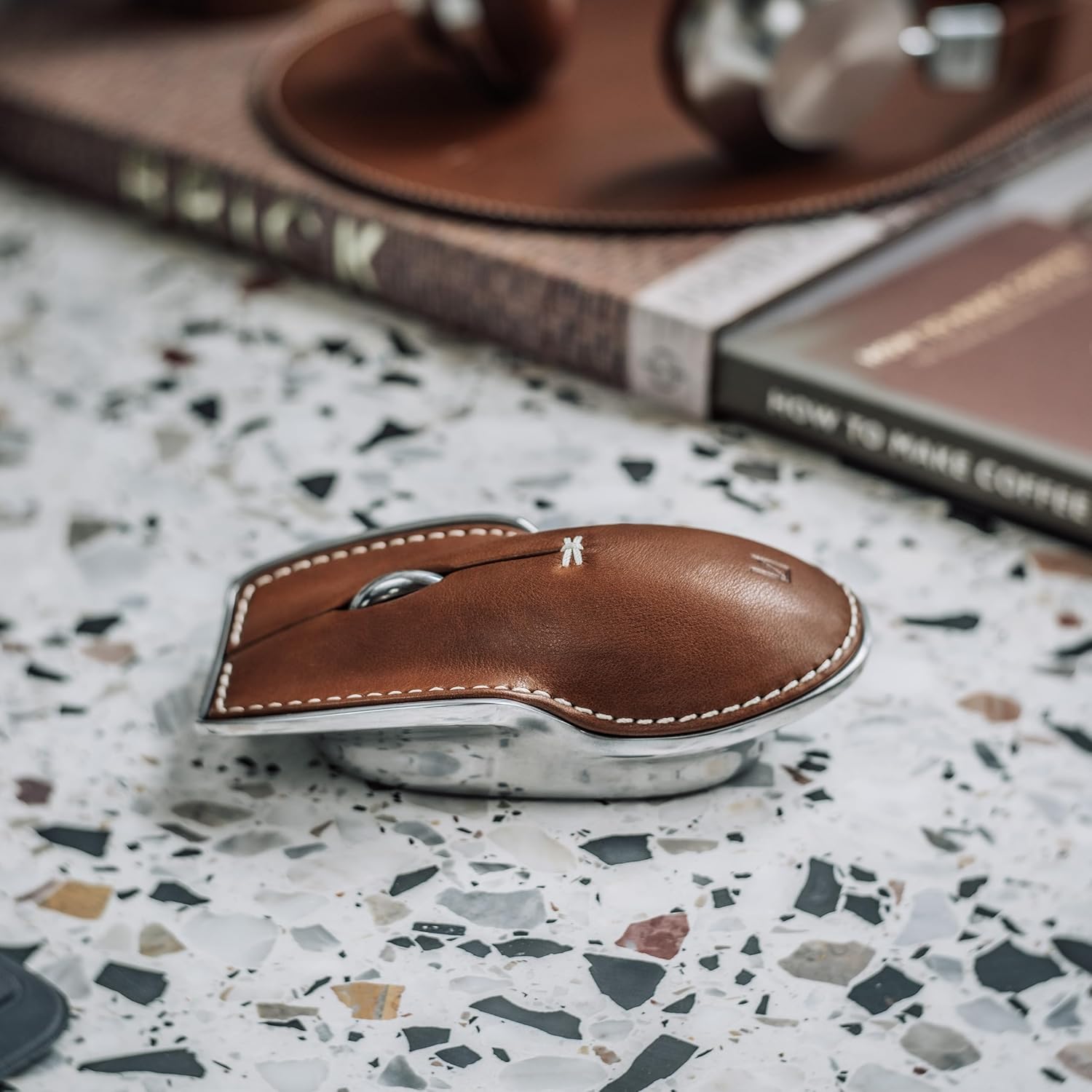 LUNAR ARTEFACTS Ambidextrous Rechargeable Bluetooth Wireless Computer Mouse Brown French Leather and Aluminum, Qi Enabled USB-C