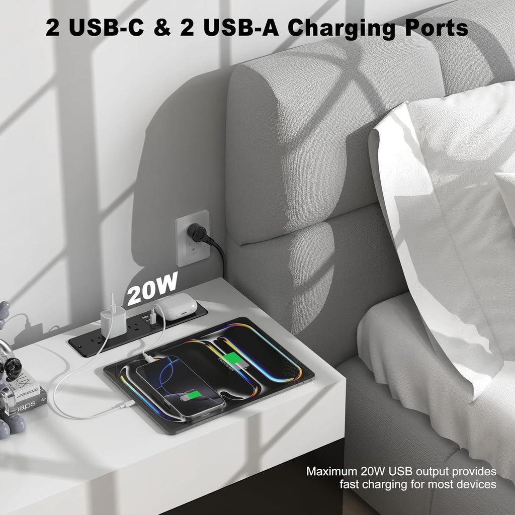 8 in 1 Recessed Power Strip with 15W Wireless Charger, 20W Fast Charging Furniture Outlet, Plug in 3 AC Outlets & 4 USB Ports Flush Mount, 10FT Cord
