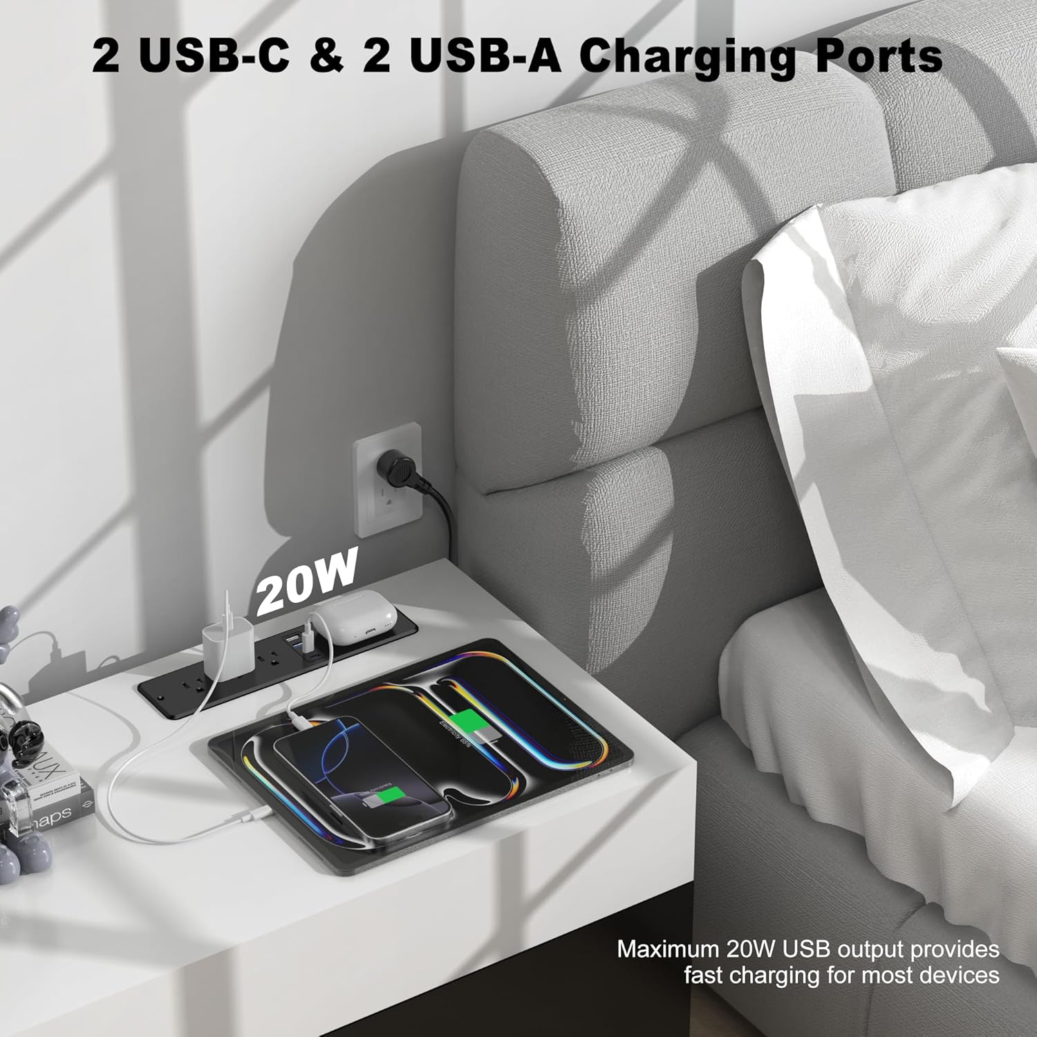 8 in 1 Recessed Power Strip with 15W Wireless Charger, 20W Fast Charging Furniture Outlet, Plug in 3 AC Outlets & 4 USB Ports Flush Mount, 10FT Cord