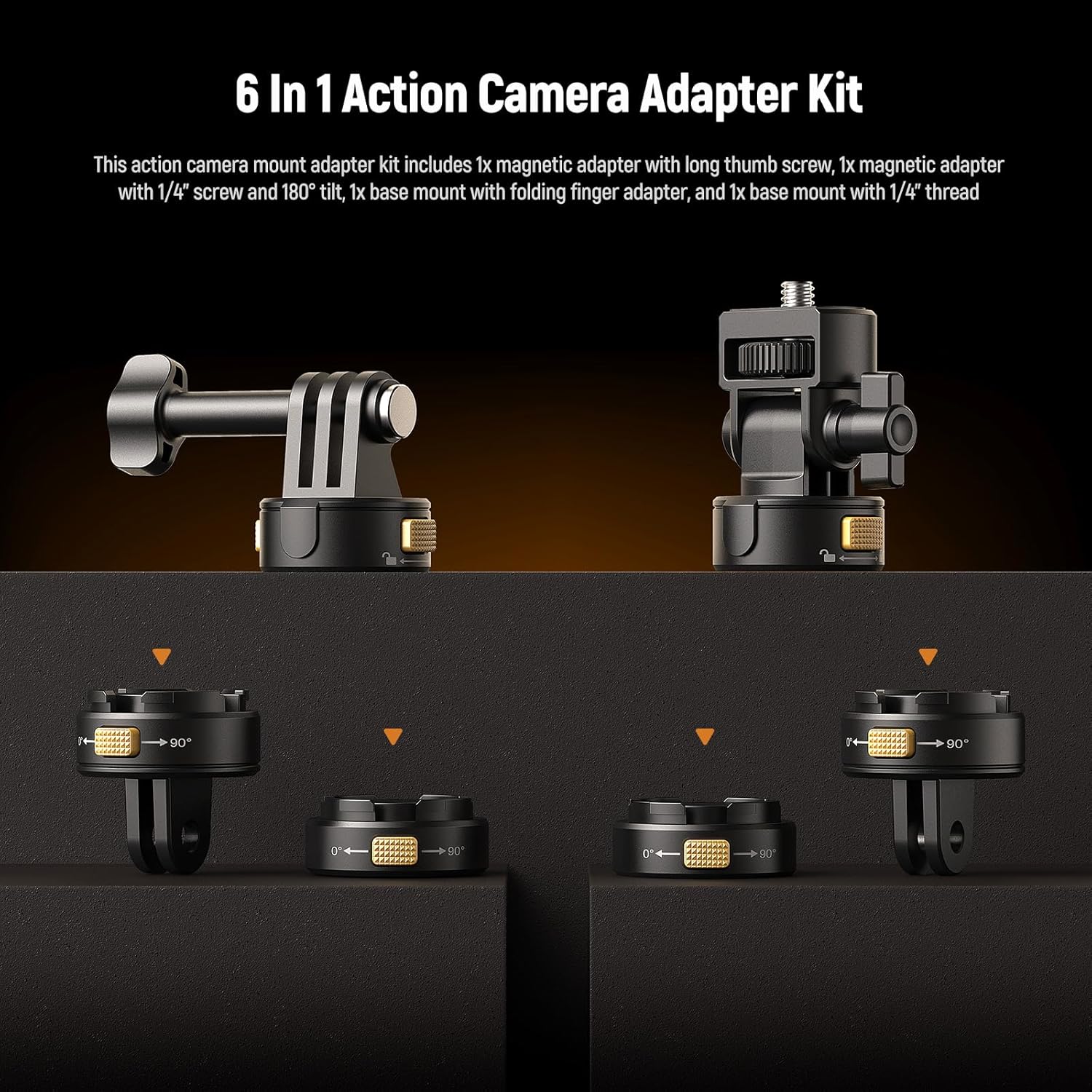 Neewer 6 in 1 Action Camera Mount Kit, Compatible with Hero 13 12 11 Max DJI Osmo Action Insta360, Metal Magnetic Quick Release Mount with 1/4" Thread & Folding Fingers for POV Shots, GP-23