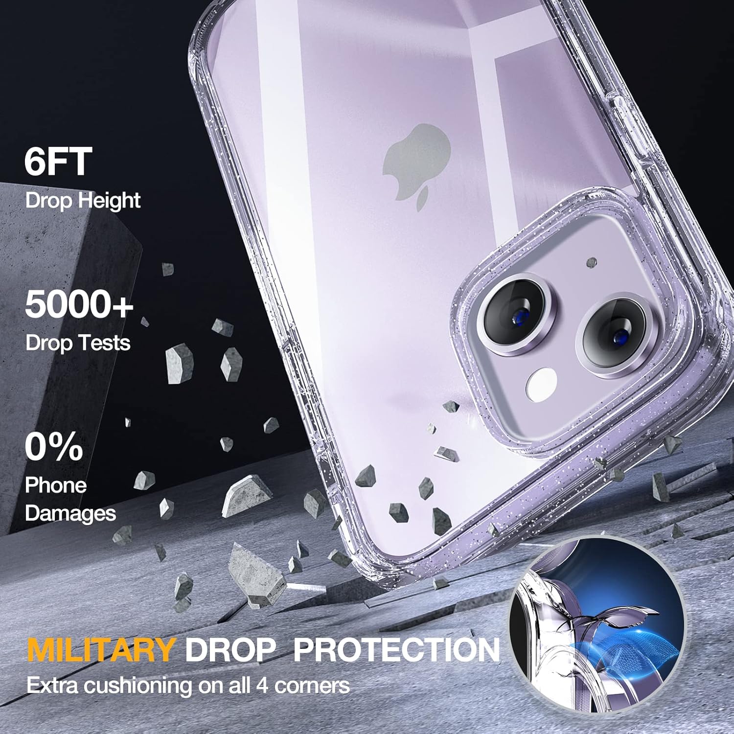 Miracase Designed for iPhone 14 Case 6.1 inch, [Built-in Tempered Glass Screen Protector] [Bubble Free] Full-Body Protective Bumper Phone Case with Camera Lens Protector, Clear Glitter