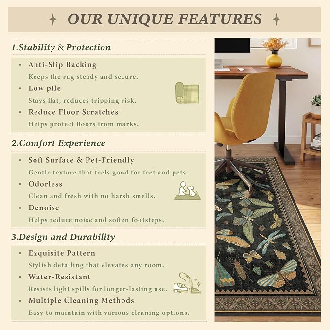 3'x4' Teal Office Chair Mat for Hardwood Floors, Insect Boho Design, Non-Slip - Image 7