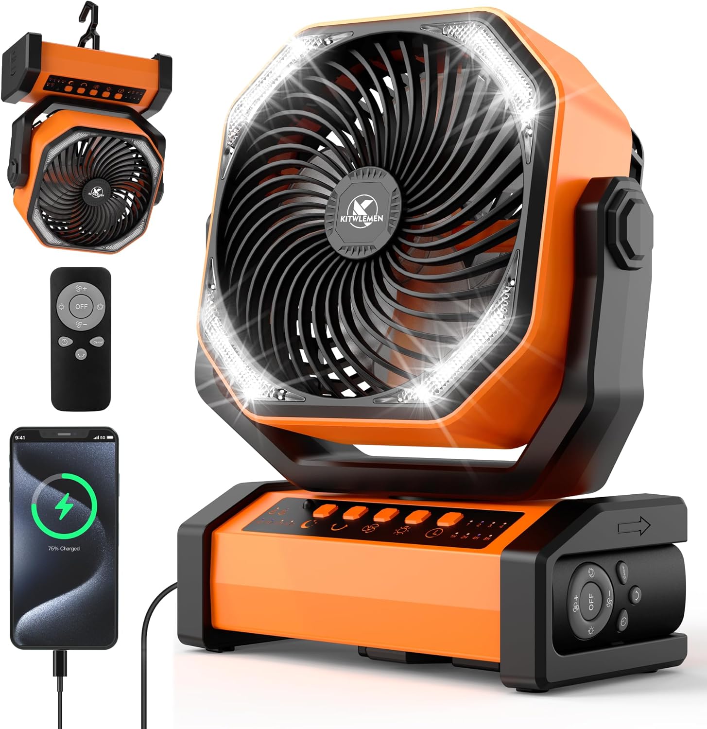 KITWLEMEN Camping Fan with Light - 20000mAh Rechargeable Battery Fan, 60Hrs Max Run Time, 4 Speeds, Timer, Auto Oscillation, 270° Pivot & Hook for Camping, Power Outage, Hurricane