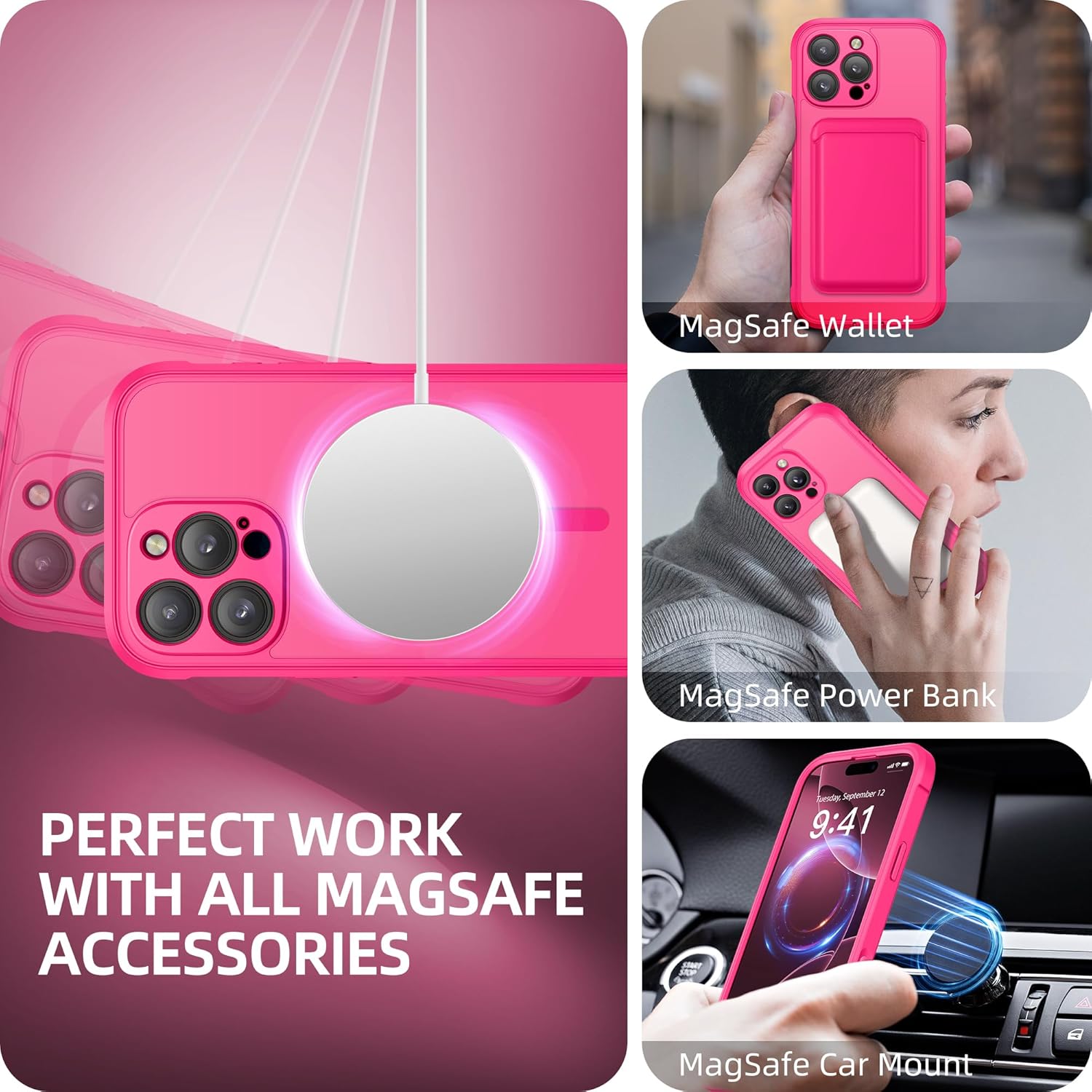 BERFY Magnetic for iPhone 16 Pro Max Case, Compatible with MagSafe, [Built-in 9H Tempered Glass Screen Protector & Camera Protection] Full Body Translucent Matte Phone case for 16 Pro Max, Hot Pink