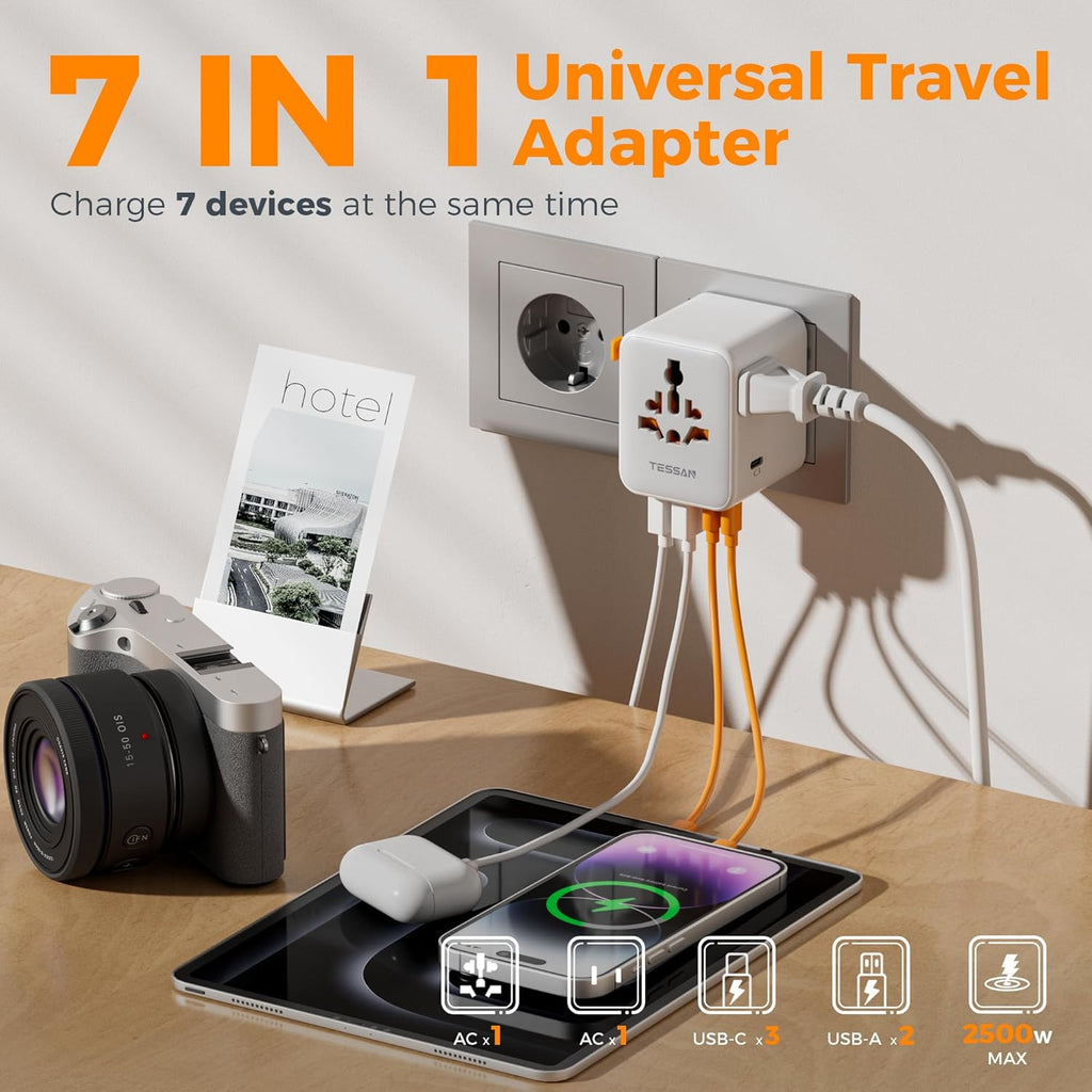 TESSAN Universal Travel Adapter, International Power Adapter with Extra 2 Prong AC Outlet, 5 USB Ports (3 USB C), 28W Worldwide Plug Adaptor for US to Europe UK Australia Ireland (Type C G A I)