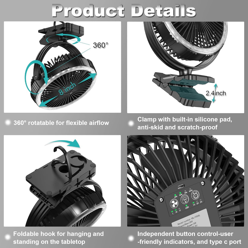 8-Inch Portable Camping Fan with Light, 10000mAh Rechargeable Battery Operated, 3 Speeds Cordless Clip on Table Fan with Hook & Light for Golf Cart Camping Tent Travel Jobsite Hurricane Power Outage