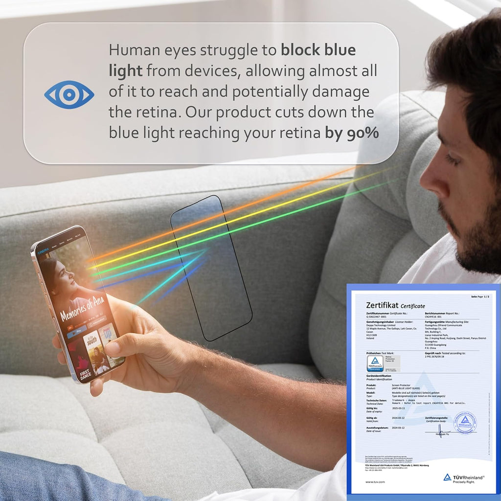 Deppa |2 Pack| Anti-Blue Light Screen Protector for iPhone 12 Pro Max (6.7')| Scratch Resistant Tempered Glass | 3D Edge to Edge Coverage | Easy Installation Kit | Eye Safeguard TÜV Certified