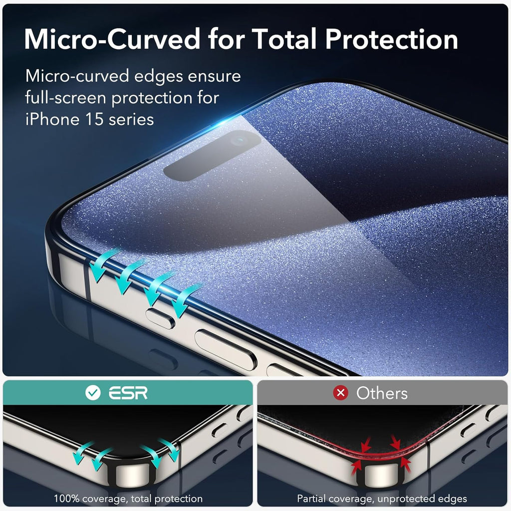 ESR 3+2 Pack for iPhone 15 Pro Max Screen Protector, [9H Hardness] [Military Grade Shatterproof] Full Coverage Ultra-tough Tempered Glass Film, Easy Installation Frame, 2 Set of Camera Lens Protector