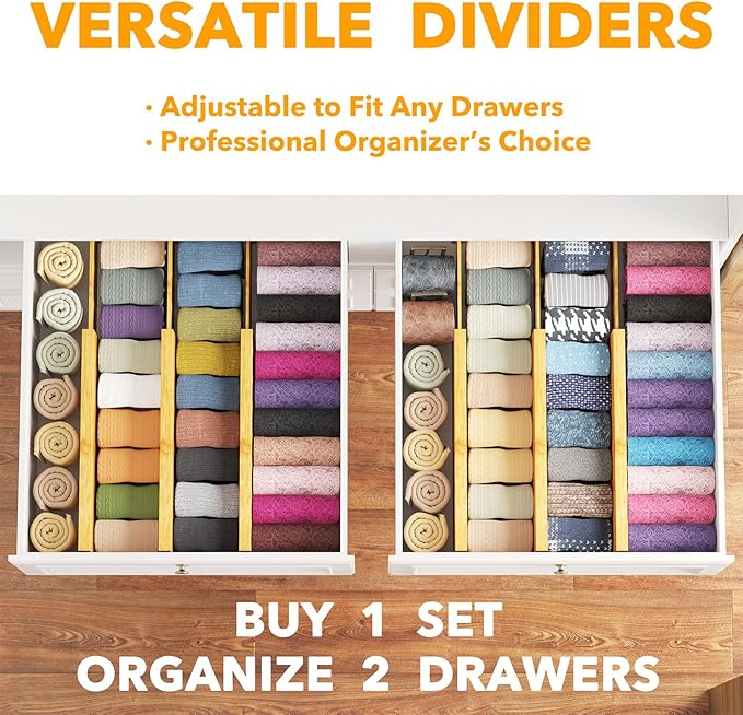 SpaceAid Bamboo Dresser Drawer Dividers 6 Pack, 4.65“ High Adjustable 12.5“-17” - Image 5