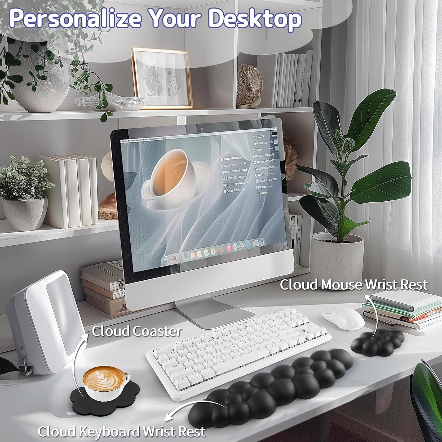 Cloud Wrist Rest Keyboard, Cloud Keyboard Wrist Pad Set with PU Leather Memory Foam, Cute Arm Rest for Palm Support, PC/Gaming Desk Accessories/Office Setup/Computer Hand Cushion - Black