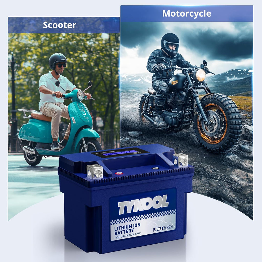 TYKOOL YTZ14S/YTZ12S High Performance Lithium LiFePO4 Motorcycle Battery,12V 6Ah,360CCA, Digital Readout, Built in BMS, Compatible for Large-displacement BMW,Hongda,KTM,Suzuki Motorcycles