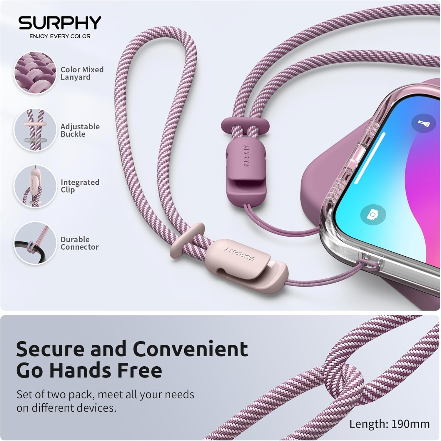 SURPHY 2 Pack Phone Lanyard for Cellphone Case, Phone Wrist Strap for Case, Cellphone Strap with 2-Color Braided, Charm Wrist Lanyard for Women, Cellphone Wrist Lanyard for Women, Pink & Lilac Purple