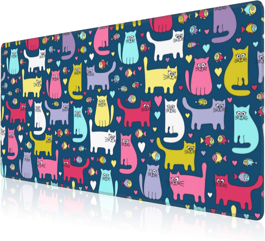 Mouse Pad, Large Cartoon Cats and Fish Desk Mat, Extended Non-Slip Gaming Keyboard Mousepad Desk Pad, Thick Stitched Edges Waterproof Mouse Mat 31.5"x15.7" (Funny Doodle Kittens)