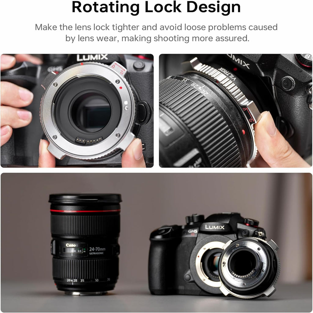 VILTROX EF-M1 Pro Lens Adapter, Auto Focus Ring Mount Adapter Lens Converter with Security Lock Compatible with Canon EOS EF/EF-S Lens to M4/3 MFT GH4 GH5 GF6 GX7 E-M5 E-M10II E-PL5 Cameras