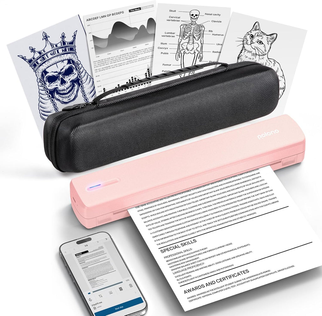 POLONO Portable Printer Wireless for Travel, D810 Bluetooth Thermal Printer Support for 8.5"x11" US Letter, Inkless Compatible with iOS, Android, Laptop for Office, Car and Home with Carry Case, Pink