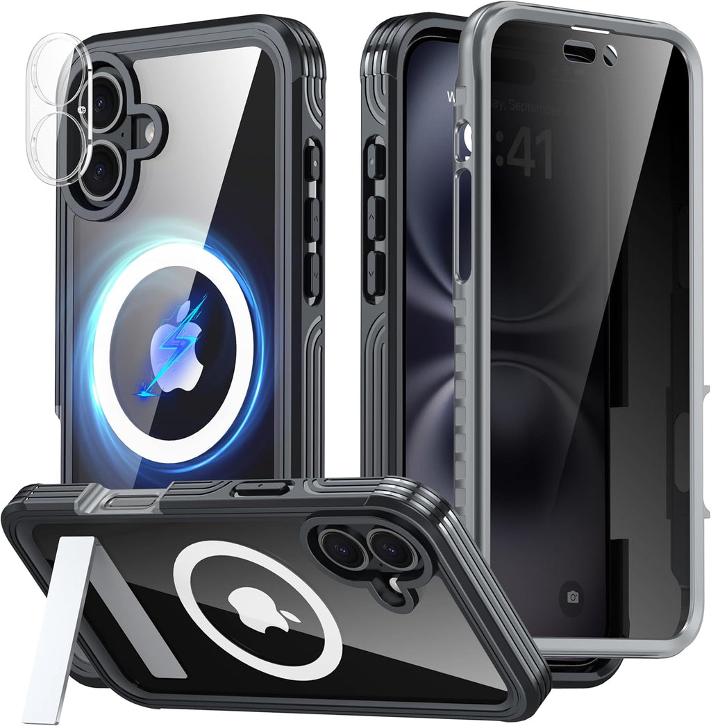360° Protection Magnetic for iPhone 16 Case Built-in 9H Privacy Screen Protector & Metal Stand[Fit for Magsafe][Anti-Spy][Lens Protector] Heavy Duty Shockproof Phone Case for iPhone 16(Black)