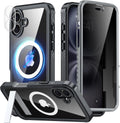 360° Protection Magnetic for iPhone 16 Case Built-in 9H Privacy Screen Protector & Metal Stand[Fit for Magsafe][Anti-Spy][Lens Protector] Heavy Duty Shockproof Phone Case for iPhone 16(Black)