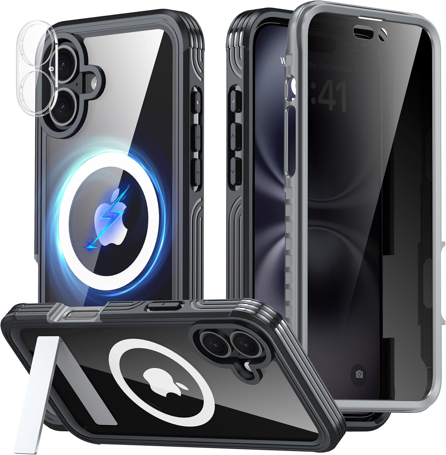360° Protection Magnetic for iPhone 16 Case Built-in 9H Privacy Screen Protector & Metal Stand[Fit for Magsafe][Anti-Spy][Lens Protector] Heavy Duty Shockproof Phone Case for iPhone 16(Black)