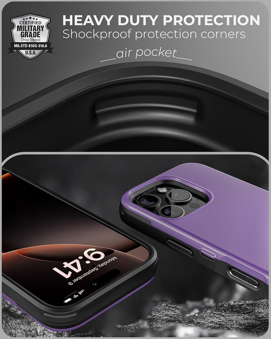 TORU CX Slim for iPhone 16 Pro Case Wallet | Protective Shockproof Heavy Duty Cover with Hidden Card Holder & Card Slot | Mirror & Wrist Strap Included - Purple