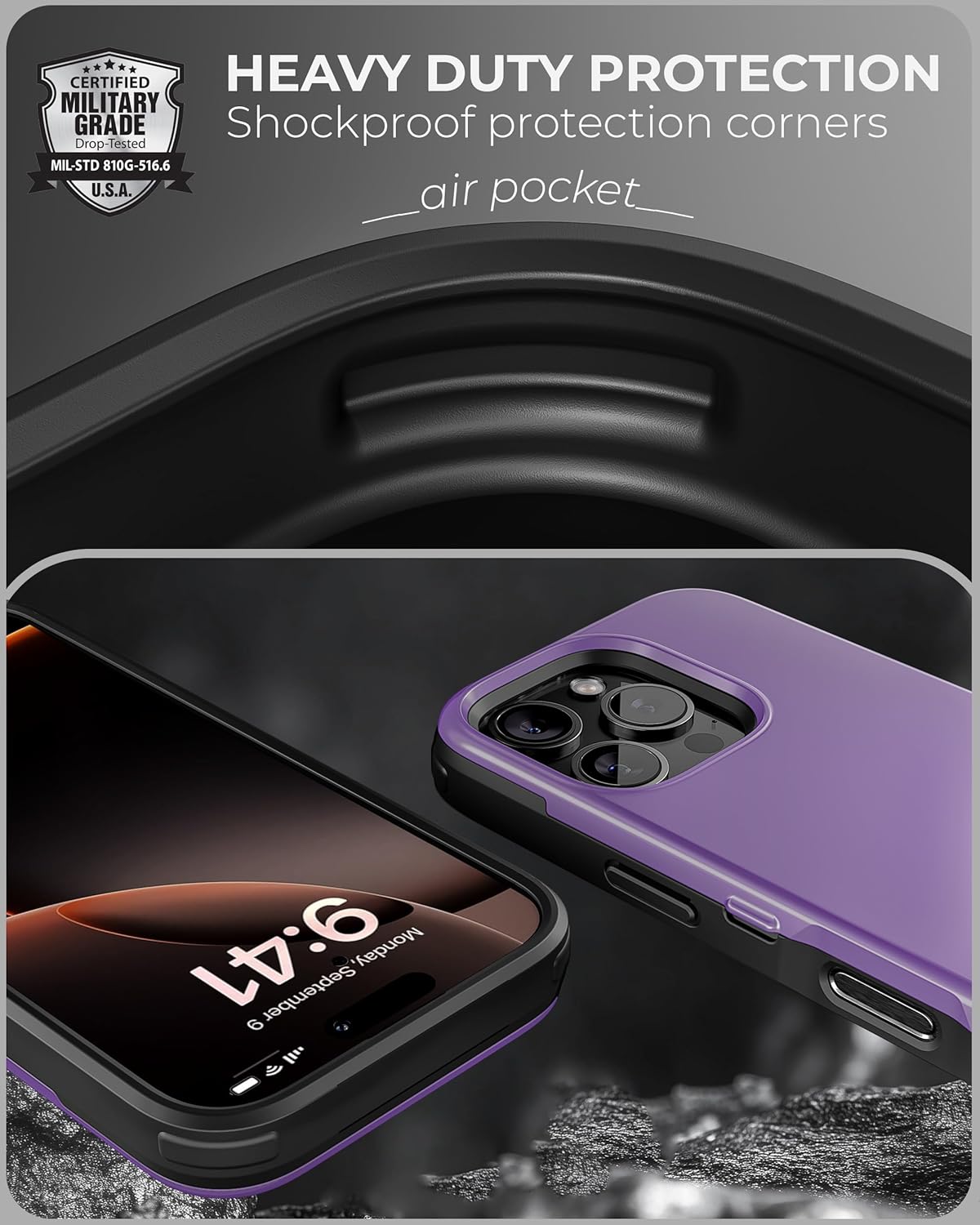 TORU CX Slim for iPhone 16 Pro Case Wallet | Protective Shockproof Heavy Duty Cover with Hidden Card Holder & Card Slot | Mirror & Wrist Strap Included - Purple