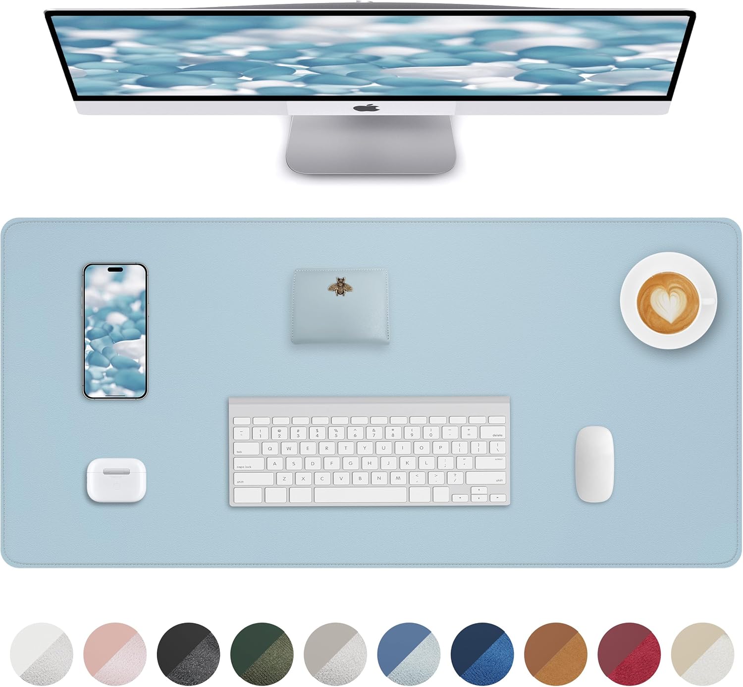 Leather Desk Pad Protector,Desk Mat,Large Mouse Pad, Non-Slip Desk Pad, Waterproof PU Leather Desk Blotter Mat, Desk Cover for Office and Home (Light Blue, 36" x 17")